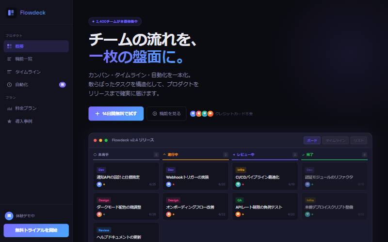 Flowdeck（SaaS / プロジェクト管理）のデザインサンプル